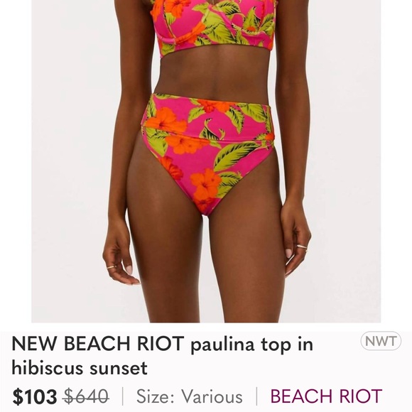 NWT Beach Riot Hibiscus Bikini Sz S Highway Bottom Paulina Top Floral Tropical - Picture 7 of 16
